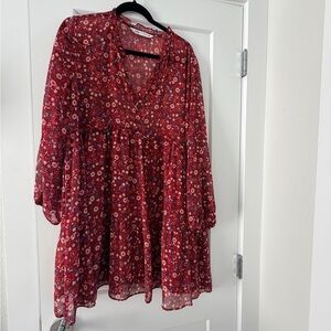Zara Red Floral Ruffled Neck Blouse